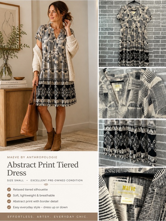 Maeve Dresses & Skirts - Maeve Anthropologie Abstract Print Tiered Dress Small Black Cream Shift